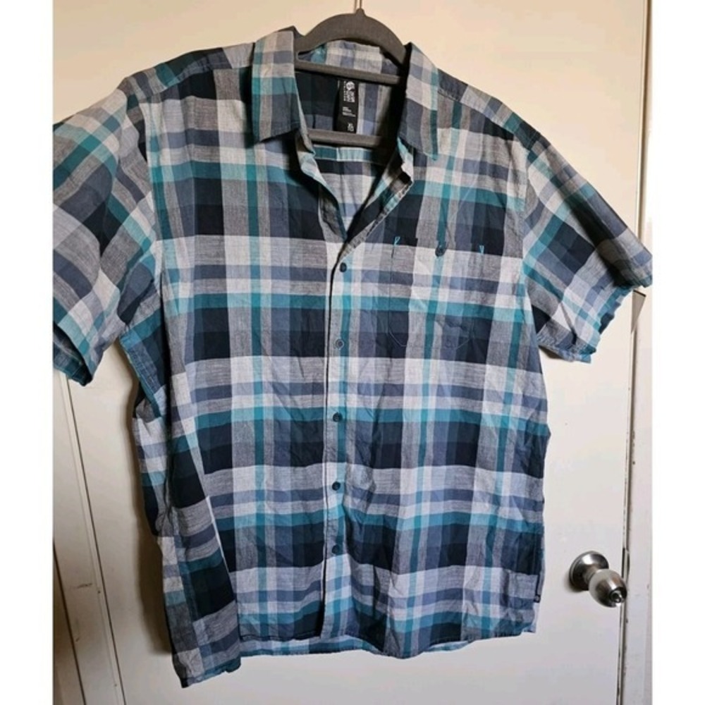 Mountain Hard Wear Mens Size XL Button-Up Shirt Blue‎ Plaid Hiking Outdoors Logo